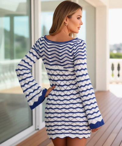 Comprar saída de praia crochê listrada manga longa recorte busto feminina verão em promoção ANELLIMN