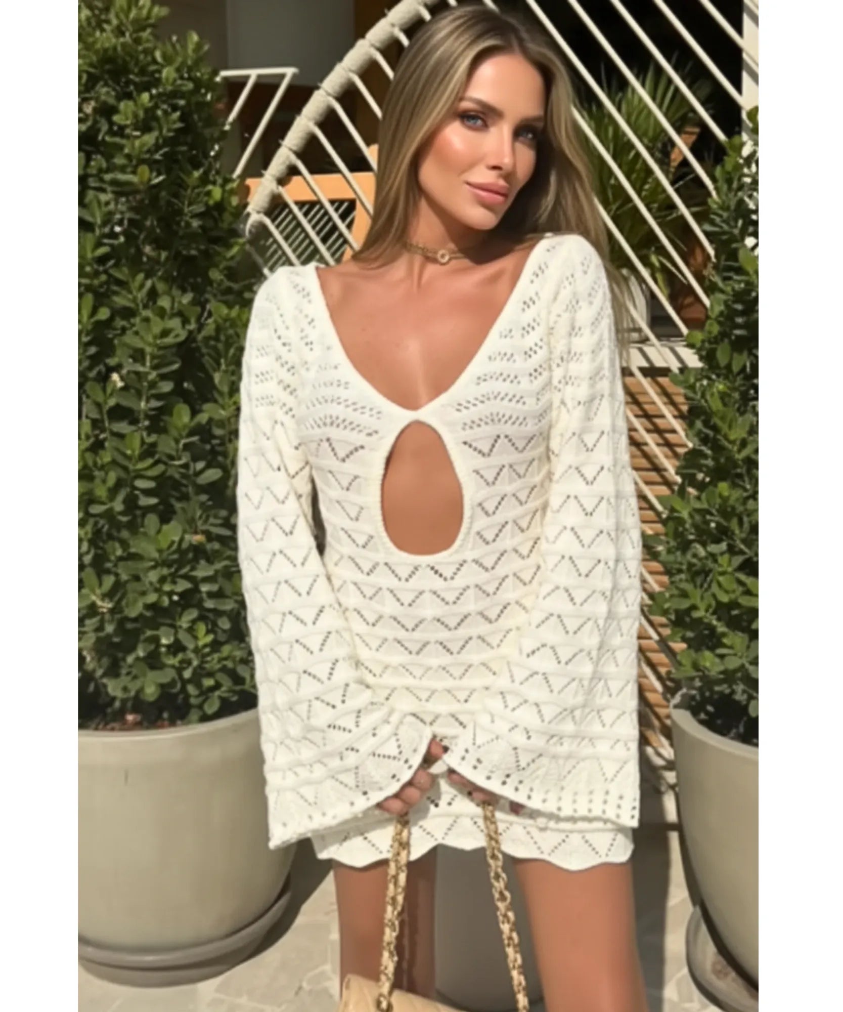 Comprar saída de praia crochê listrada manga longa recorte busto feminina verão em promoção ANELLIMN