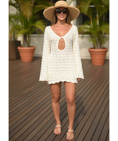 Saída de Praia Crochê Curta Listrada Manga Longa | Nalaura