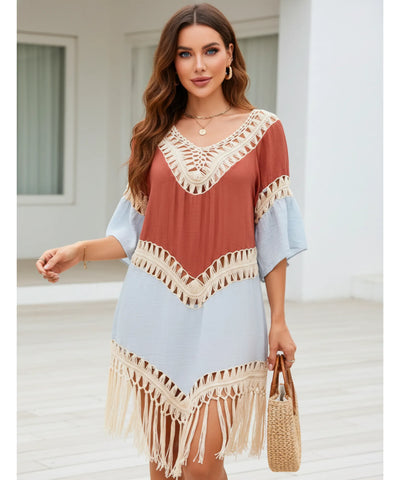 Comprar saída de praia curta bicolor macramê franjas pompons costas abertas feminina verão barato ANELLIMN