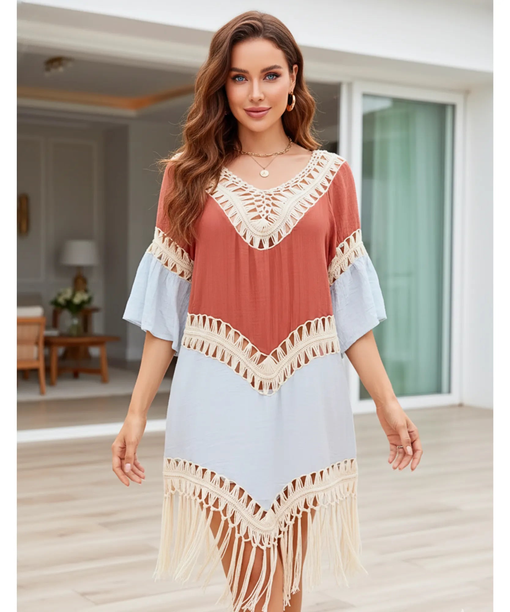 Comprar saída de praia curta bicolor macramê franjas pompons costas abertas feminina verão barato ANELLIMN