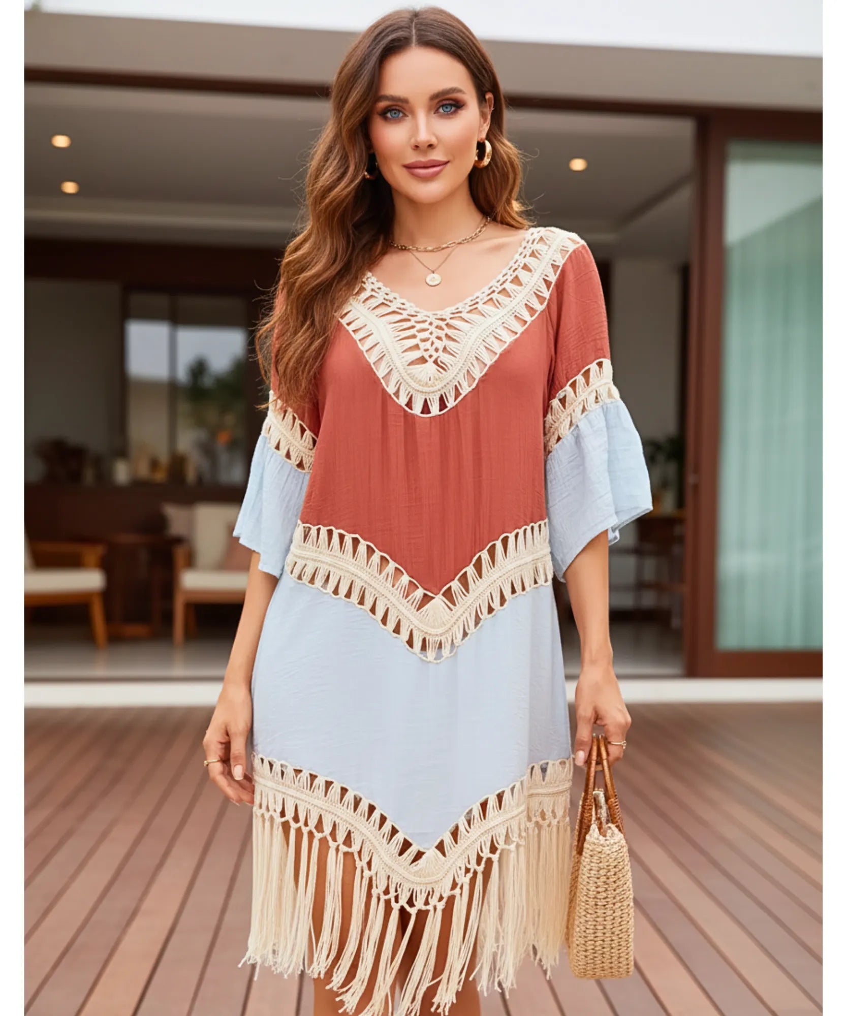 Comprar saída de praia curta bicolor macramê franjas pompons costas abertas feminina verão barato ANELLIMN