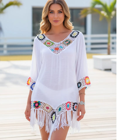 Comprar saída de praia curta crochê colorido viscose com franjas feminina em promoção ANELLIMN
