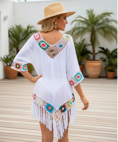 Comprar saída de praia curta crochê colorido viscose com franjas feminina em promoção ANELLIMN
