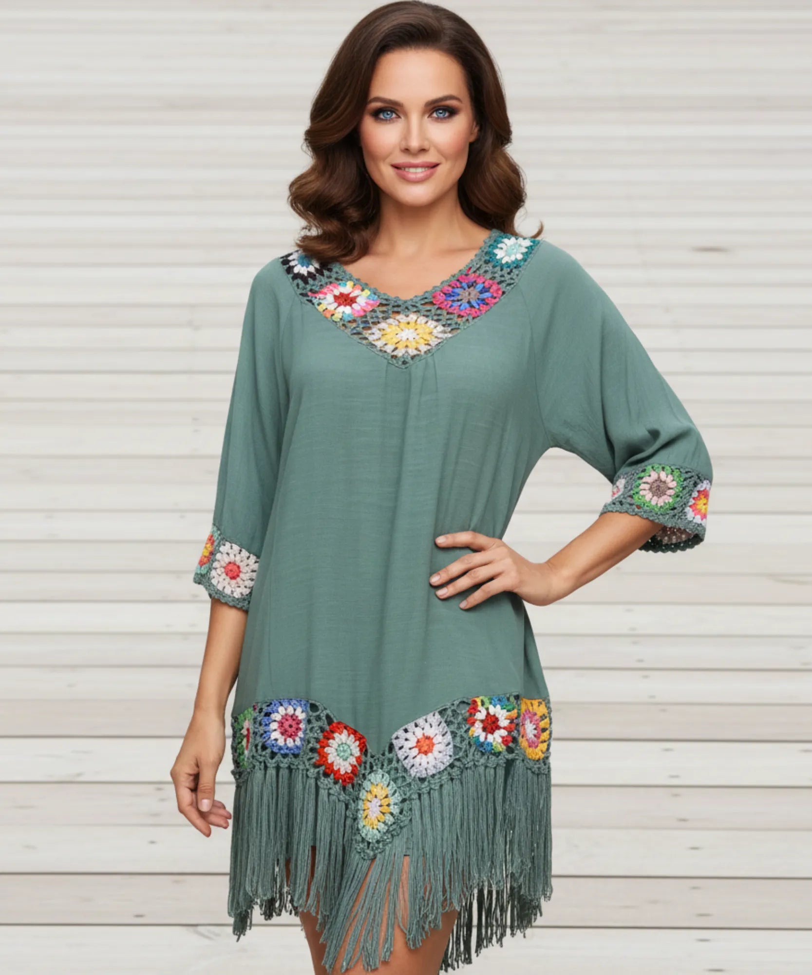 Comprar saída de praia curta crochê colorido viscose com franjas feminina em promoção ANELLIMN
