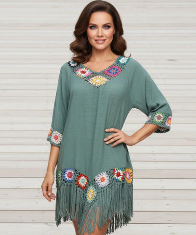 Comprar saída de praia curta crochê colorido viscose com franjas feminina em promoção ANELLIMN
