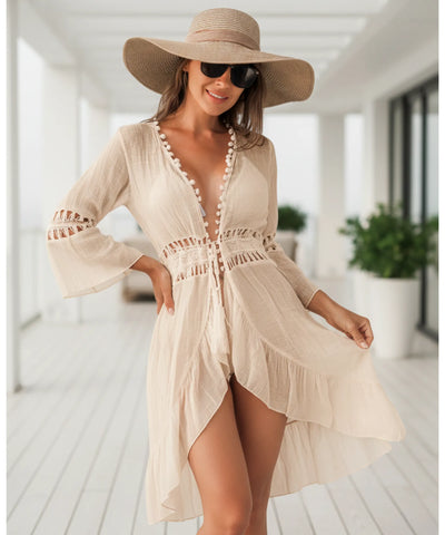 Saída de Praia Curta Macramê Babados Decote V Leve | Kutali