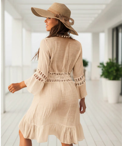 Comprar saída de praia curta macramê babados decote V pompons manga feminina leve em promoção
