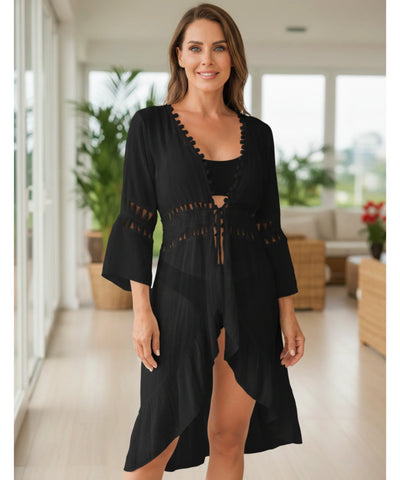 Comprar saída de praia curta macramê babados decote V pompons manga feminina leve em promoção
