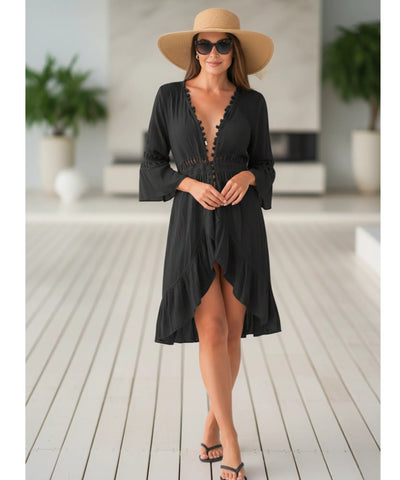 Saída de Praia Curta Macramê Babados Decote V Leve | Kutali