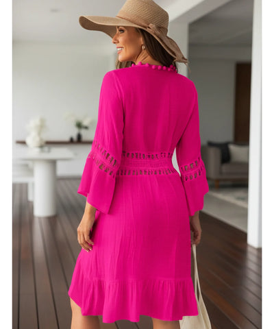 Comprar saída de praia curta macramê babados decote V pompons manga feminina leve em promoção
