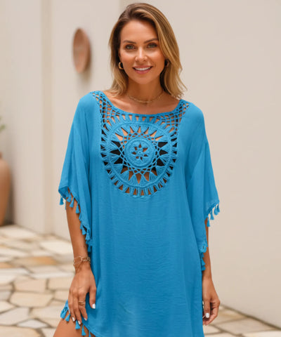 Saída de Praia Curta Viscose Crochê Pompons Kaftan | Tunic