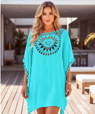 Comprar saída de praia curta kaftan viscose crochê pompons manga ampla feminina em promoção ANELLIMN
