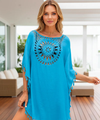 Saída de Praia Curta Viscose Crochê Pompons Kaftan | Tunic