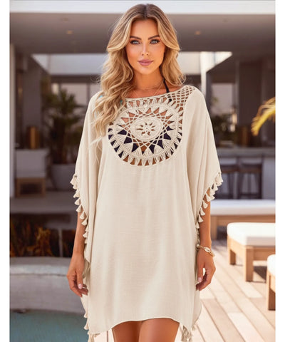 Saída de Praia Curta Viscose Crochê Pompons Kaftan | Tunic
