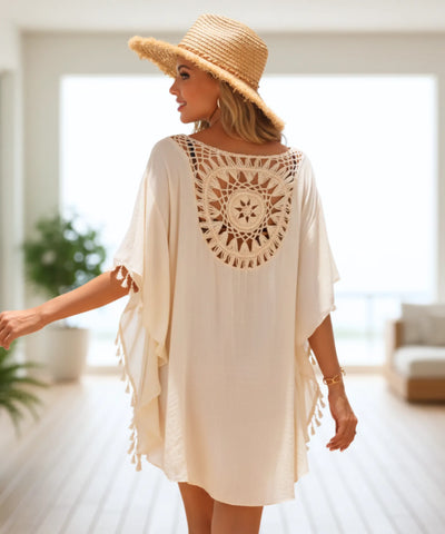 Comprar saída de praia curta kaftan viscose crochê pompons manga ampla feminina em promoção ANELLIMN
