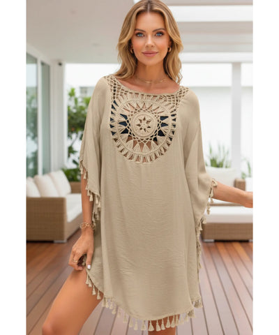Saída de Praia Curta Viscose Crochê Pompons Kaftan | Tunic