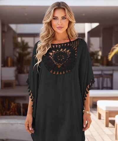 Saída de Praia Curta Viscose Crochê Pompons Kaftan | Tunic