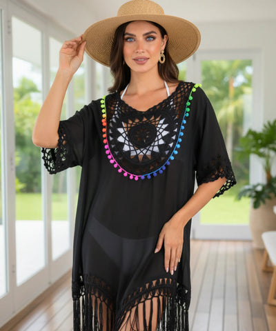 Comprar saída de praia curta kaftan viscose crochê pompons manga ampla feminina em promoção ANELLIMN
