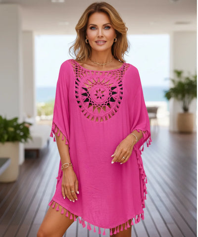 Saída de Praia Curta Viscose Crochê Pompons Kaftan | Tunic