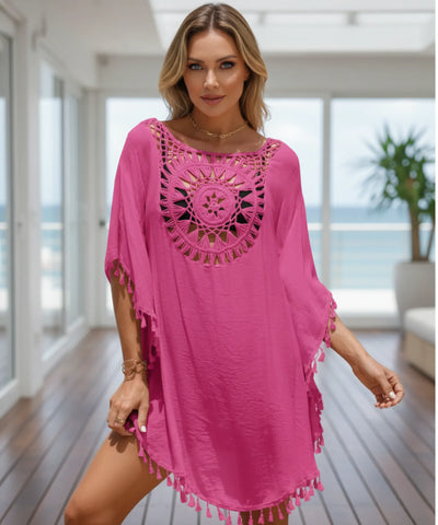 Saída de Praia Curta Viscose Crochê Pompons Kaftan | Tunic