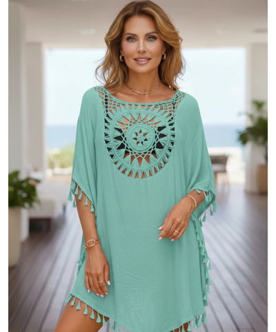 Saída de Praia Curta Viscose Crochê Pompons Kaftan | Tunic