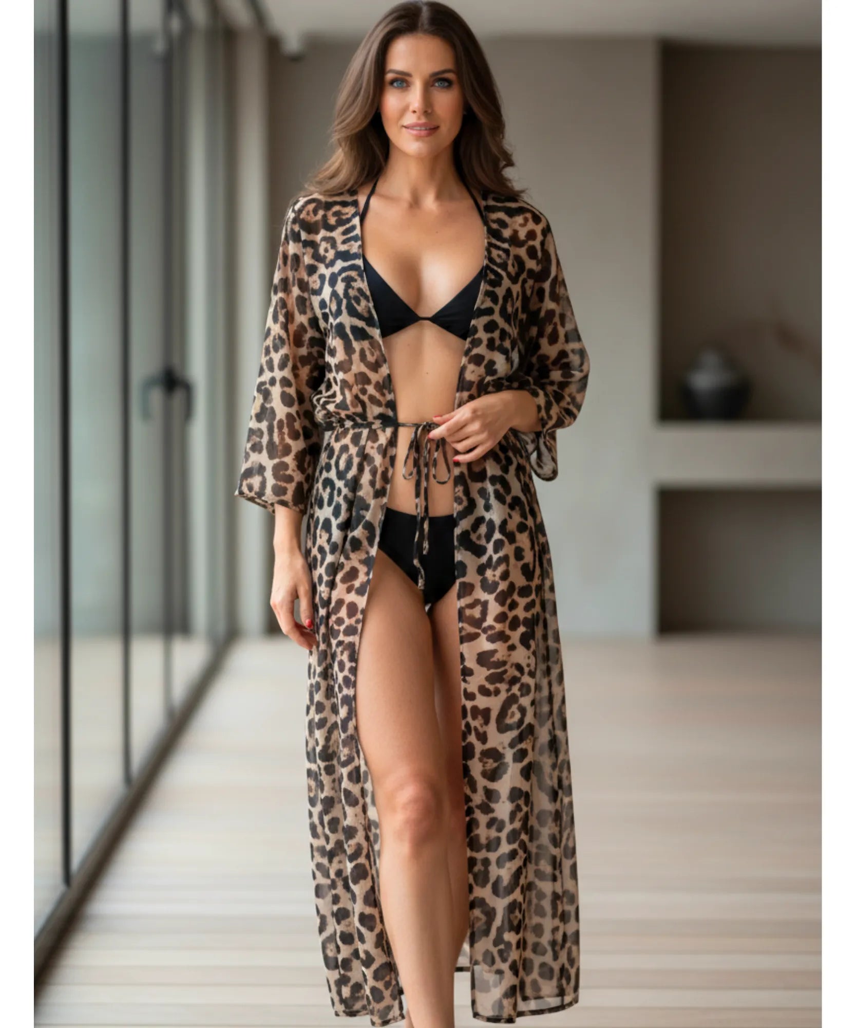 Comprar saída de praia longa kimono animal print onça com amarração manga comprida feminina elegante barato ANELLIMN