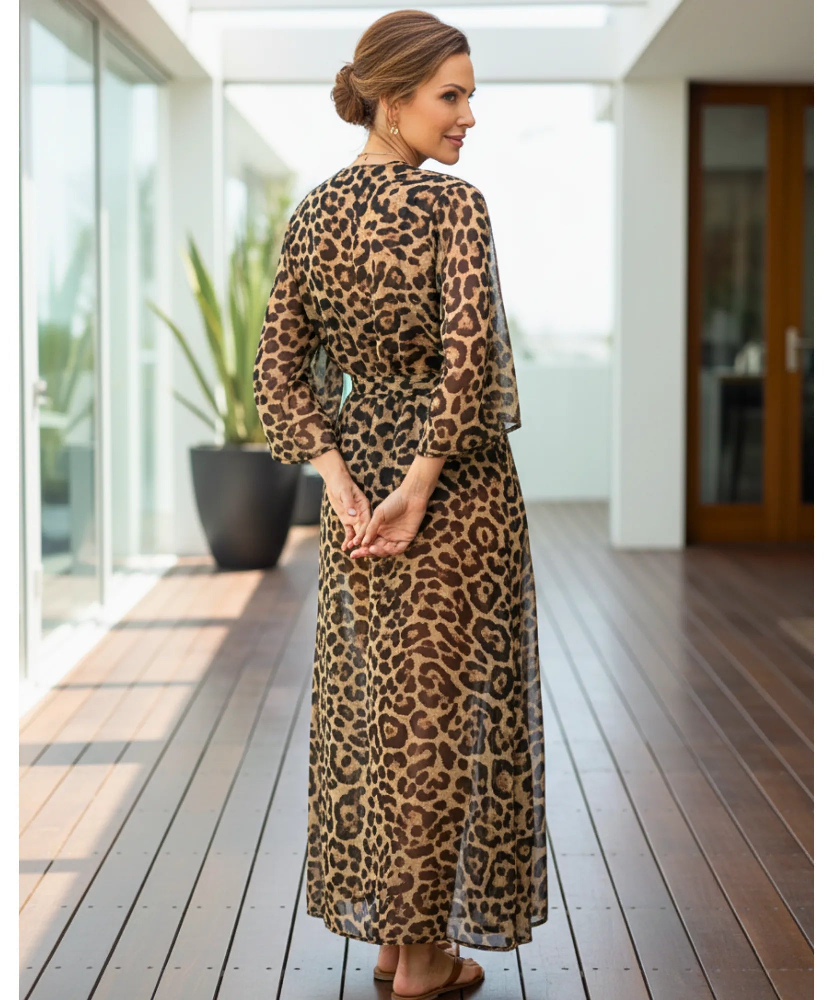 Comprar saída de praia longa kimono animal print onça com amarração manga comprida feminina elegante barato ANELLIMN