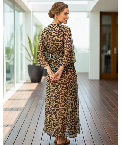 Comprar saída de praia longa kimono animal print onça com amarração manga comprida feminina elegante barato ANELLIMN