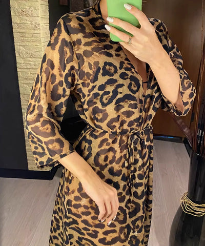 Comprar saída de praia longa kimono animal print onça com amarração manga comprida feminina elegante barato ANELLIMN