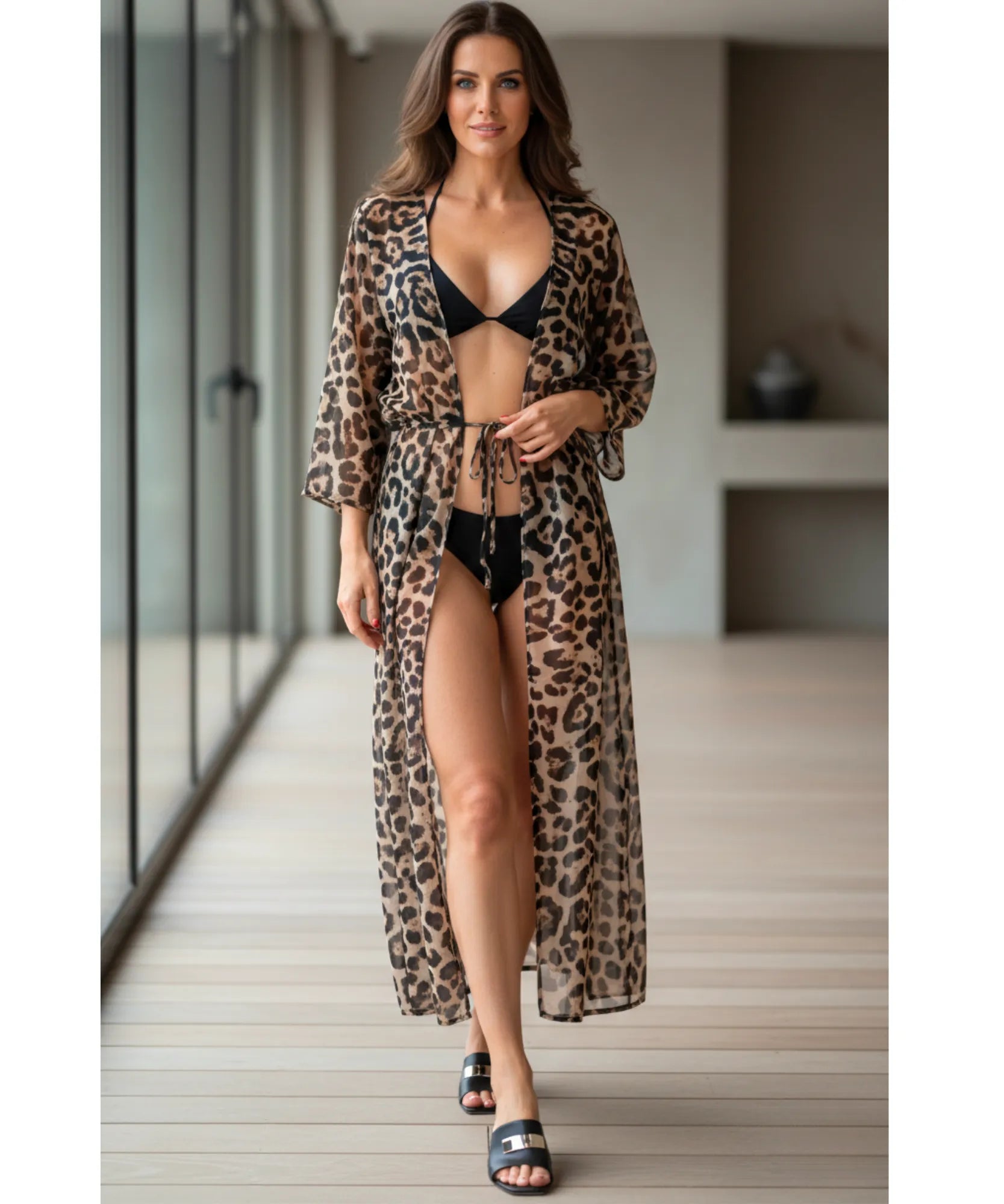 Comprar saída de praia longa kimono animal print onça com amarração manga comprida feminina elegante barato ANELLIMN