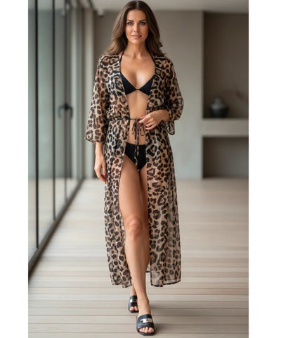 Comprar saída de praia longa kimono animal print onça com amarração manga comprida feminina elegante barato ANELLIMN