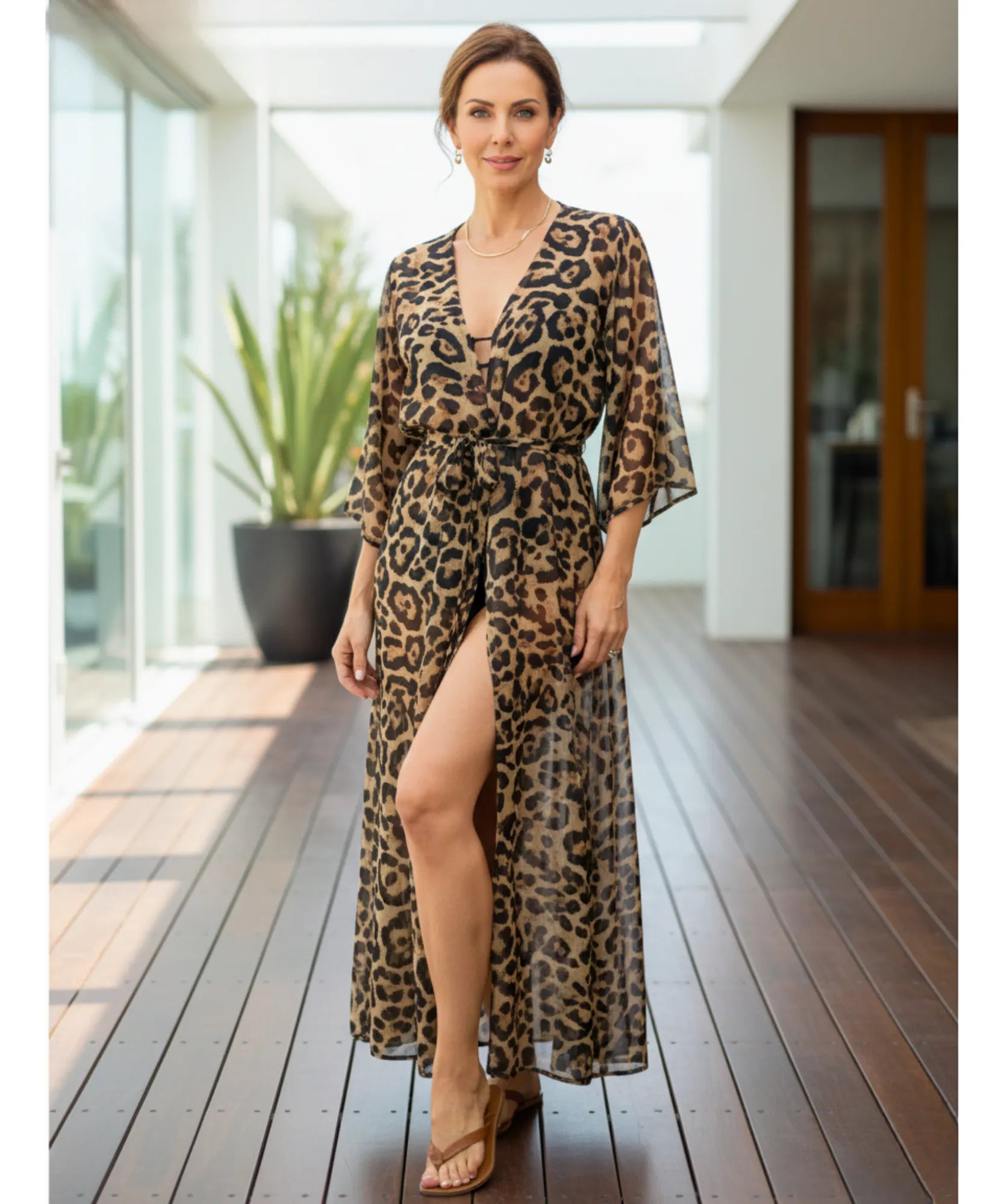 Comprar saída de praia longa kimono animal print onça com amarração manga comprida feminina elegante barato ANELLIMN