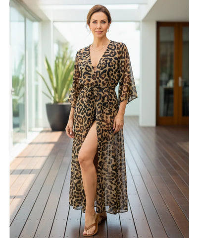 Comprar saída de praia longa kimono animal print onça com amarração manga comprida feminina elegante barato ANELLIMN