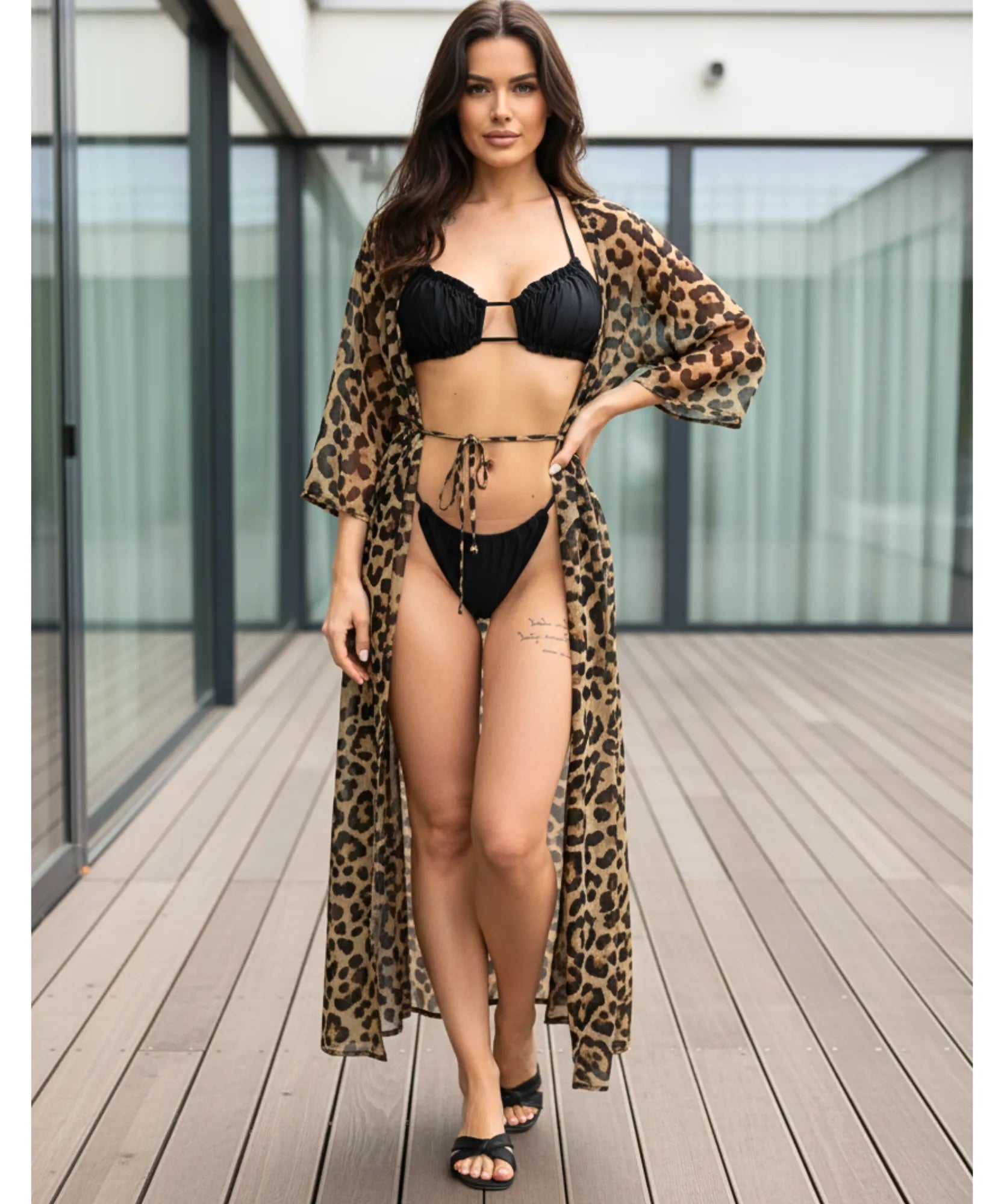 Comprar saída de praia longa kimono animal print onça com amarração manga comprida feminina elegante barato ANELLIMN