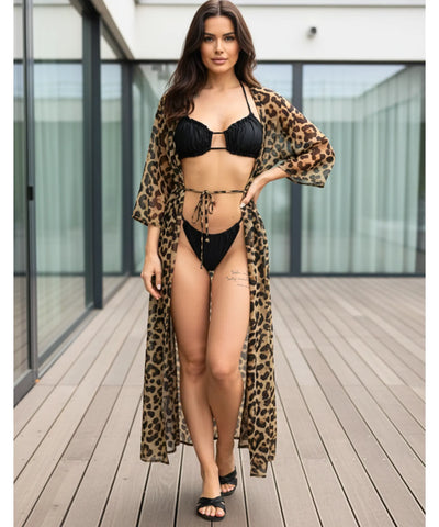 Comprar saída de praia longa kimono animal print onça com amarração manga comprida feminina elegante barato ANELLIMN