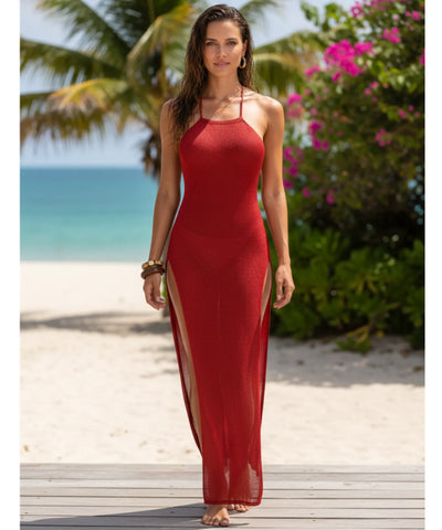 Comprar saída de praia longa malha lurex com fenda lateral e costas abertas feminina em promoção ANELLIMN
