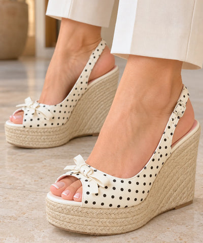 Comprar sandália anabela espadrille poá com laço branca em promoção Anellimn