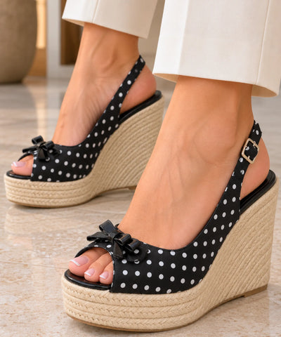 Comprar sandália anabela espadrille poá com laço preta em promoção Anellimn