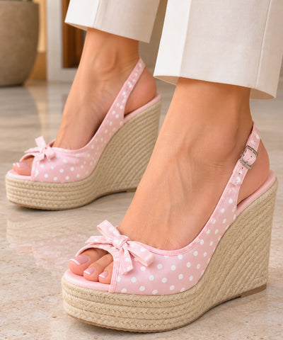Comprar sandália anabela espadrille poá com laço rosa em promoção Anellimn