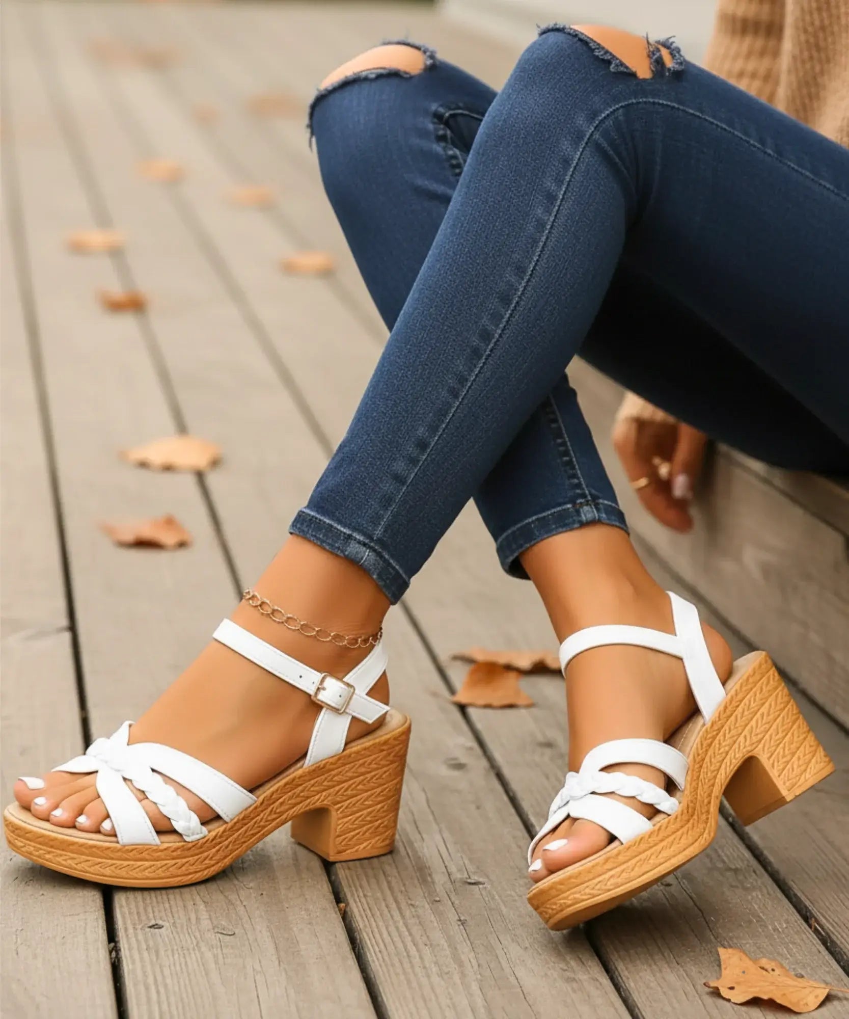  Comprar sandalia feminina plataforma salto bloco grosso trançada fivela tornozelo confortável elegante barato DAFITI