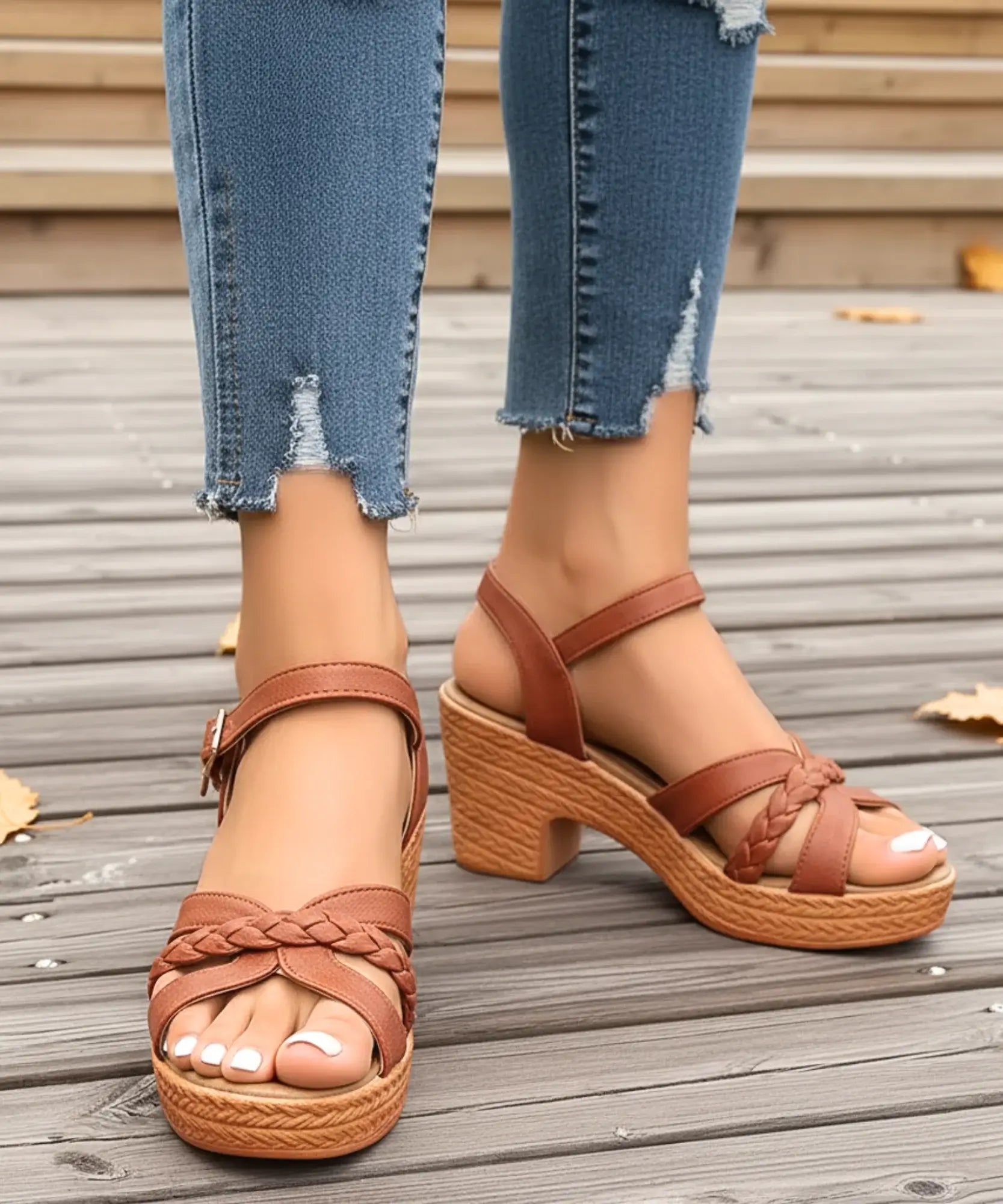  Comprar sandalia feminina plataforma salto bloco grosso trançada fivela tornozelo confortável elegante barato DAFITI