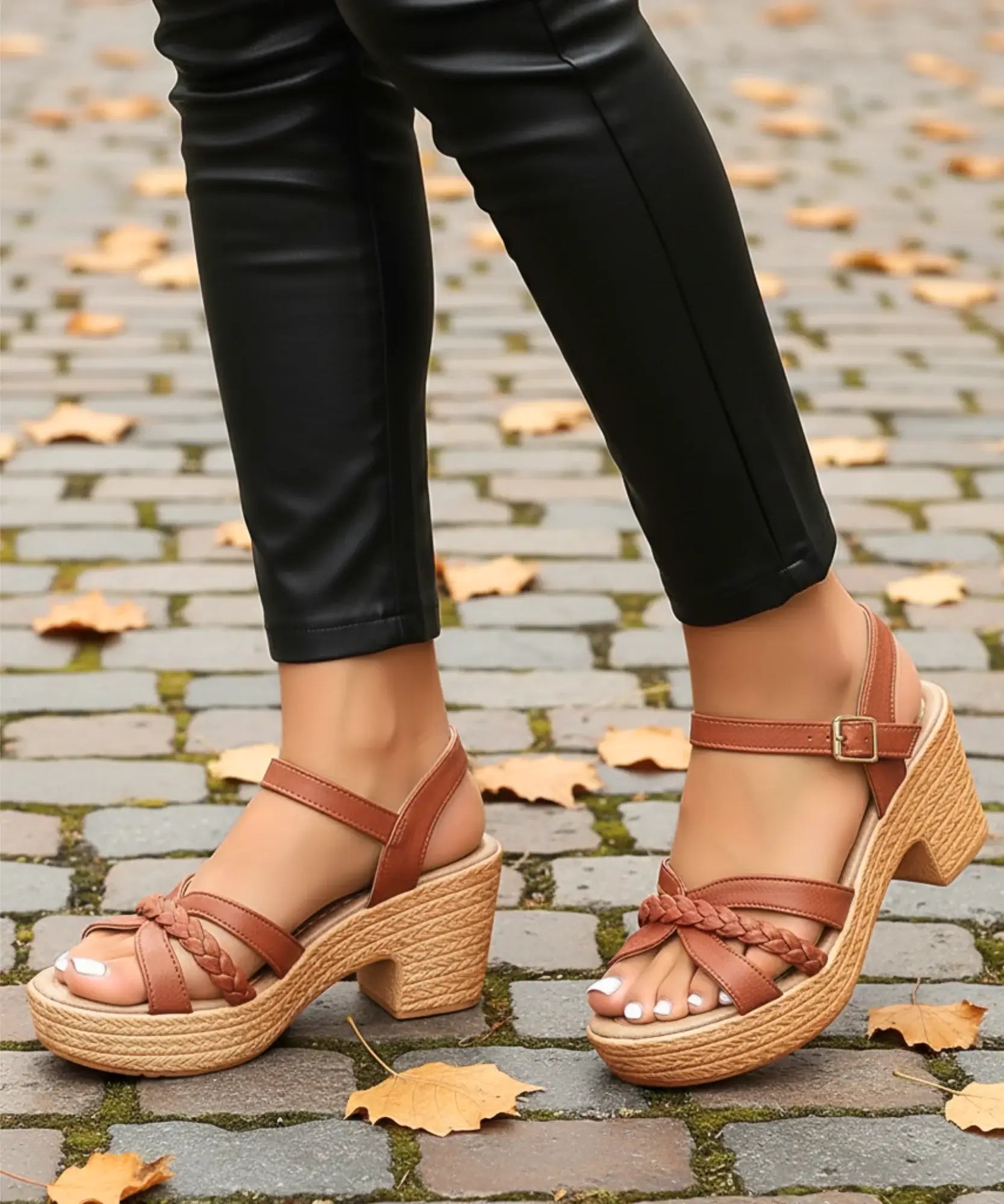  Comprar sandalia feminina plataforma salto bloco grosso trançada fivela tornozelo confortável elegante barato DAFITI