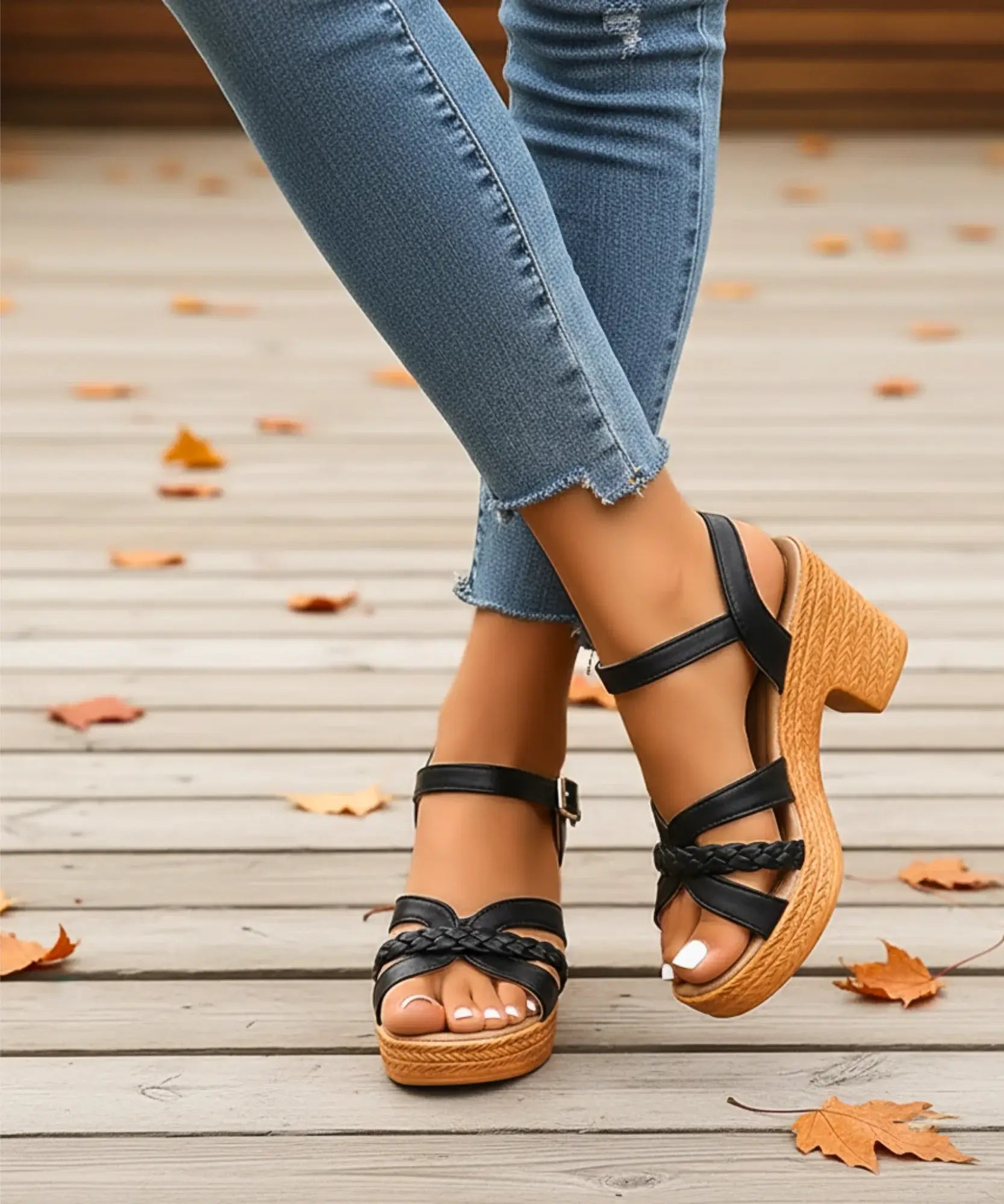  Comprar sandalia feminina plataforma salto bloco grosso trançada fivela tornozelo confortável elegante barato DAFITI