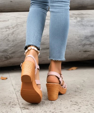  Comprar sandalia feminina plataforma salto bloco grosso trançada fivela tornozelo confortável elegante barato DAFITI