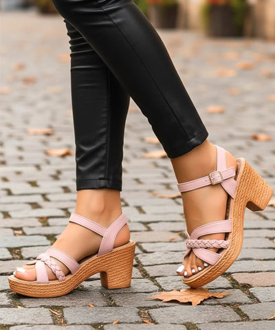  Comprar sandalia feminina plataforma salto bloco grosso trançada fivela tornozelo confortável elegante barato DAFITI