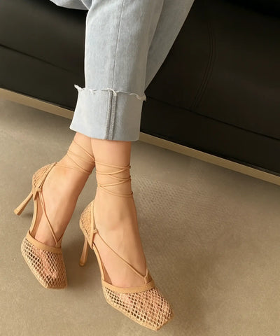  Comprar sandália feminina salto grosso amarração festa elegante barato promoção frete grátis ANELLIMN