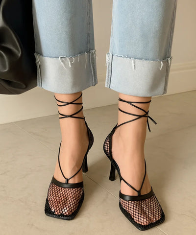  Comprar sandália feminina salto grosso amarração festa elegante barato promoção frete grátis ANELLIMN