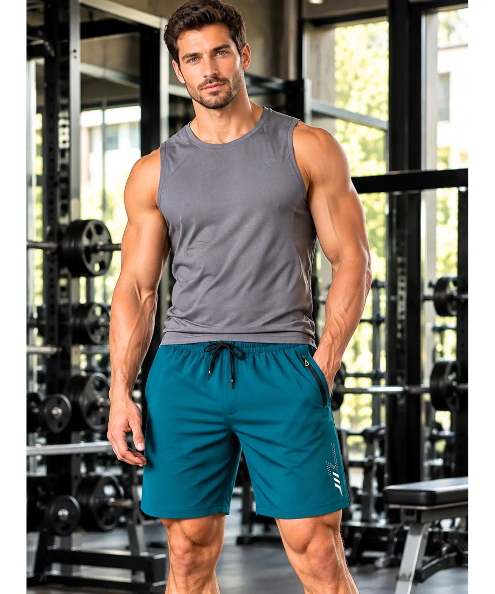 Comprar short academia masculino dry fit azul petróleo corpo inteiro em promoção Anellimn