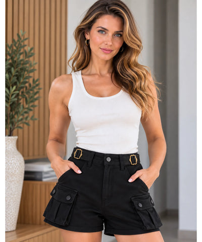 Comprar short cargo feminino cintura alta preto barato Anellimn